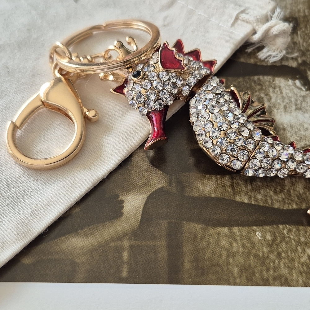 Gold And Red Seahorse Keychain with Crystals Brand New - Picture 2 of 5